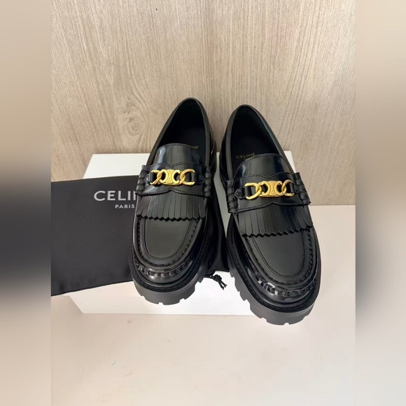 Celine Black Leather Loafers with Gold Accent - Picture 5 of 8